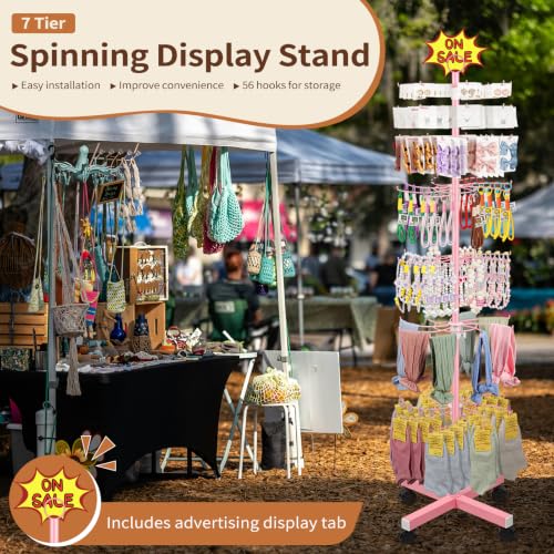 Image of Flenpptly Retail Display Stand, 7-Tier Rotating Display Rack for Store Display, Movable and Adjustable Spinning Display Stand for Earrings, Jewelry, Keychains, Socks Display (7-Tier Pink)
