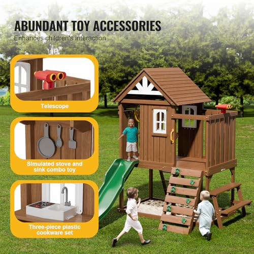 VEVOR Outdoor Wooden Playhouse, Modern Cedar Playhouse for Age 3-10 Years Kids, Garden Games Cottage, Country Style Cedar with Slide, Ladder, Climbing Wall, Windows, Picnic Table and Bench - Thumbnail 4