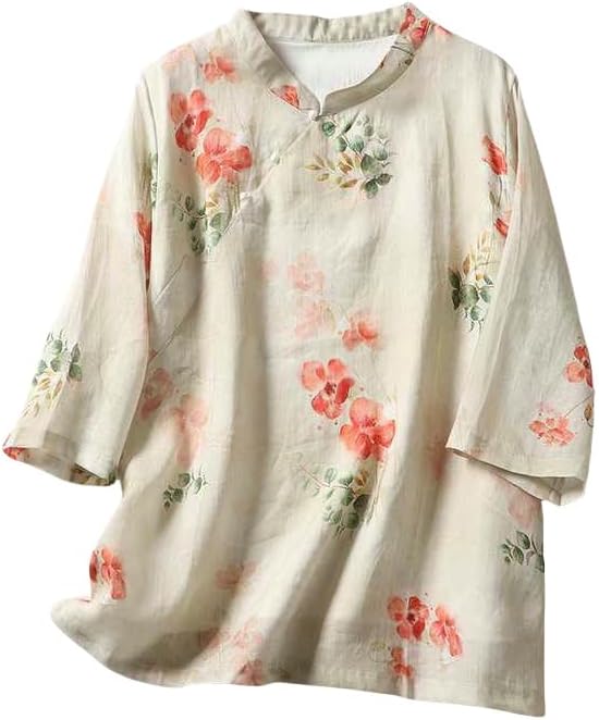 Women's Ramie Top Chinese Style Collar Print Pullover Retro Zen Cotton Linen Blouse