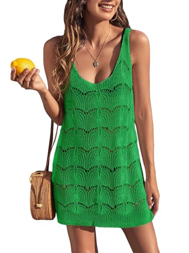 Womens Sexy Crochet Cover Up Swimwear Mesh Dress See Through Fishnet Beach Swimsuit Top, Bright Green, Medium
