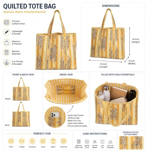 Image of Cotton Tiger Block Print Tote Bag, Indian Handmade Shopping Shoulder Bag, Unisex Market Daily Use