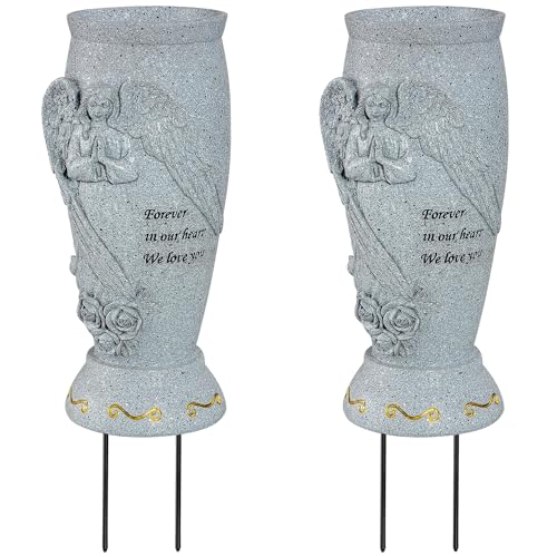 Cemetery Vase, Memorial Grave Vase with Ground Spikes, Angel Vases for Artificial Flowers, Grave Flowers Holder for Cemetery Headstone (2Pcs, Flowers are NOT Included)