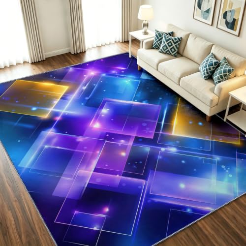 Alfombra lavable antideslizante de pelo corto azul con un diseño de halo abstracto moderno 2