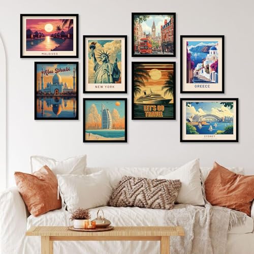 Image of kotart Modern Art City Vibes Wall Decor - Retro Travel Theme Wall Poster with Frame for Room Office Living Room Hotel Home Decor - Photo Frames - Framed Posters / Paintings Set of 8 (Art 4, Small(10x13 or 10x10 inch), Framed)
