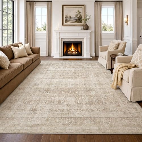 Beauoop 8x10 Washable Area Rug Beige Vintage Distressed Neutral Oriental Large for Living Room Cream Indoor Soft Traditional Retro Non Slip Low Pile Rug for Bedroom Dining Room Kitchen Office Nursery