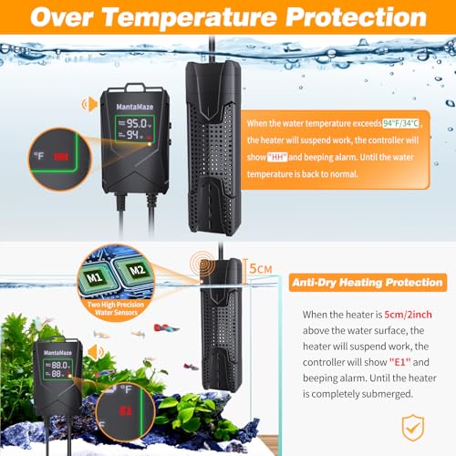 Image of Aquarium Heater 300W /500W /800W /1000W for 20-300 Gal, Fish Tank Heater with Intelligent Leaving Water Automatica Stop Heating and Overheating Protection, for Freshwater & Saltwater