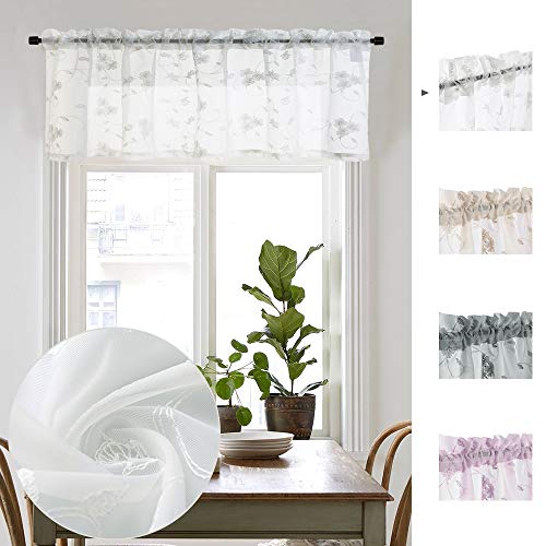 White Sheer Valance Curtains Floral Embroidery Semi Curtains Window Treatment Rod Pocket Embroidered