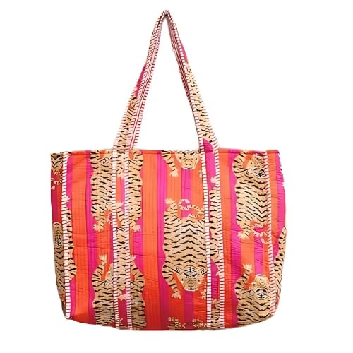 Image of YILLE Cotton Quilted Floral & Tiger Print Tote Bag, 18 x 18 inches For Grocery Shopping, Travel