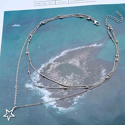 Boho Layered Star Choker Necklace Silver Star Pendant Necklaces Layering Satellite Chain Necklaces Outline Star Necklace Chain Jewelry for Women3