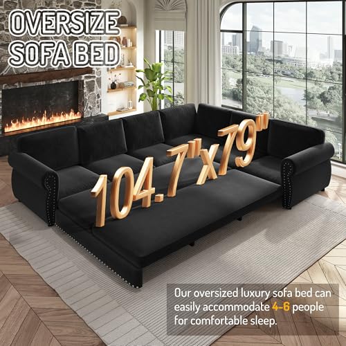 Image of KEIKI 118 inch Chesterfield Sleeper Sofa, Chenille Sectional Couch, Black