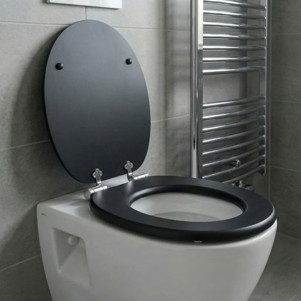 SINOBATH,Sedile WC - Copriwater Universale di alta qualità in legno, tanti motivi colorati, seduta comoda, facile da montare con istruzioni di montaggio Nero