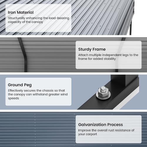 Image of 12x20FT Heavy Duty Metal Carport,Outdoor Garage with Removable Sidewalls & Doors, Heavy Duty Steel Frame and Galvanized Roof for Cars and Boats, Gray