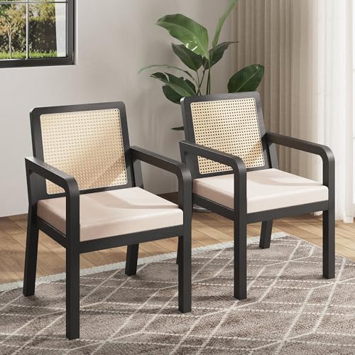 Goldicoo Juego de 2 sillas de comedor de terciopelo negro, respaldo de ratán, patas de madera de goma, ergonómicas, 56 x 57 x 83 cm, capacidad de carga de 150 kg