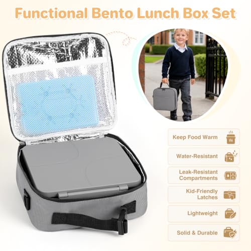 Image of Bento Lunch Box with 8oz Soup Thermo,Kids Leakproof 4 Compartment Lunch Food Containers with Sauce Cup and Ice Pack,Kids Thermo Insulated Hot Food Jar and Lunch Bag for School,Trvael-Black