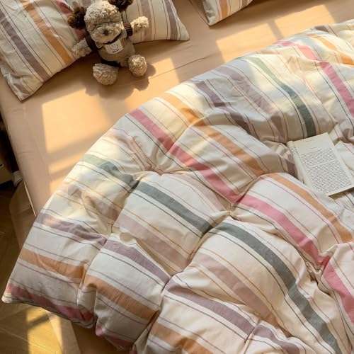 Image of MKXI Washed Cotton Duvet Cover Set Retro Stripes in Autumn Palette 3-Piece Vintage-Style Bedding with Secure Zipper & Ties, for Nostalgic Bedrooms, Dorms & Cozy Spaces (Full Size)