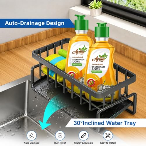 Image of Kitchen Sink Organiser with Drain Tray, Countertop Storage Rack for Dish Soap Sponge Scrubber, Metal Wire Design, Black