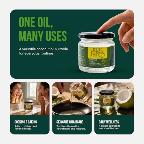 Image of 1000Farms Extra Virgin Coconut Oil 250 ml | 100% Certified Organic, Premium Cold Pressed & Unrefined | Edible Cooking Oil, Hair Oil & Baby Massage | Rich in MCTs | Glass Bottle