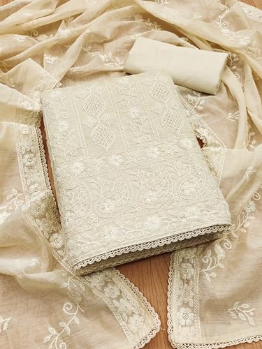 Image of Pandadi Saree Women's Elegant Lucknowi Work with Modal Cotton Chanderi and Embroidered Dupatta Unstitched Dress Material