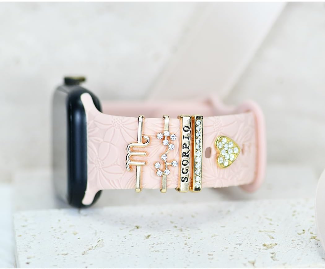 12 Constellations Women Decorative Watch Band Charms for Apple Watch 38mm 40mm 41mm 42mm 44mm 45mm 49mm,Love Heart Slide Ring Loops Silicone Smartwatch Strap Accessories , Diamond Metal Charms Nails Studs for Iwatch Band Charms Series Ultra 8 7 6 5 4 3 2 se，for Samsung Galaxy Fitbit(No Band) image 3