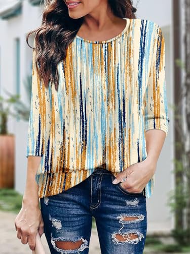 KISSMODA Tunic Tops for Women Loose Fit Dressy Round Neck Pleated 3/4 Length Sleeve Spring Tops