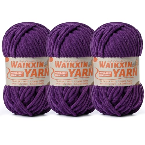 Image of (3 Deep Purple) 3 Pack Super Soft Fuzzy Chenille Chunky Yarn for Crocheting, 300g (261yds) Fluffy Velvet Yarn for Hand Knitting Baby Blankets Weaving Craft