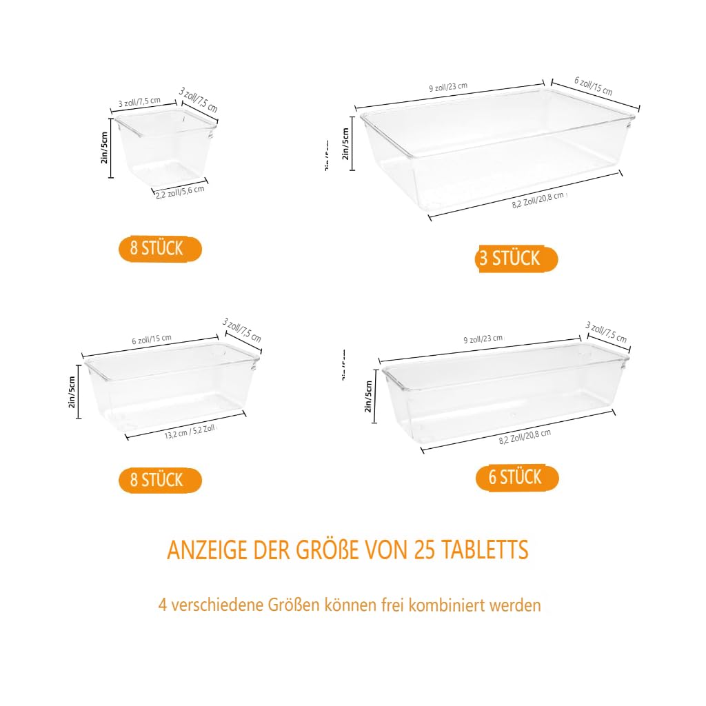 Organizer per cassetti, 25 pezzi, in 4 misure, in plastica, per toeletta e trucco, organizzatore (trasparente)