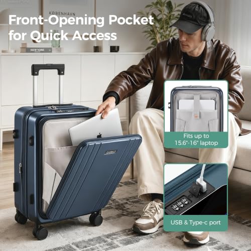 Image of Carry on Luggage Top opening Suitcases, Expandable with Cup&Phone Holder and USB Charging Port,Hardside with Front Pocket Rolling Suitcases with Spinner Wheels & YKK Zippers (Navy, 20 Inch)