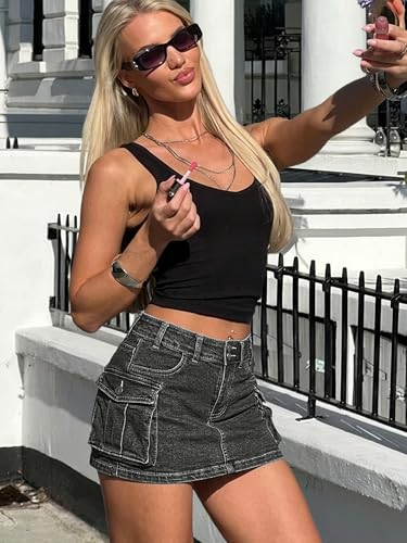 Image of ELLEVEN Low Rise Denim Mini Skirt for Women High Stretch Jean Skirts