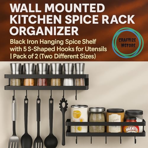 Image of Craftize Mstore Wall-Mounted Spice Rack Organizer Pack of 3 - Black Iron Kitchen Hanging Shelf with 5 S-Hooks for Utensils - Sizes 17 inch, 16 inch & 15 inch Inches (Three Different Sizes)