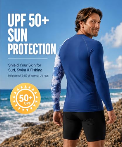 Image of HUGE SPORTS Men's Rash Guard Long Sleeves UPF 50+ UV Sun Protection Quick Drying Splice Compression Swim Shirts