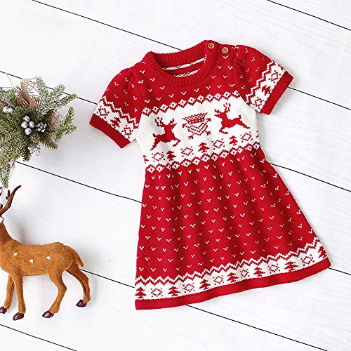 Alician - Vestido de punto para niña con estampado navideño, Rojo, 90 cm