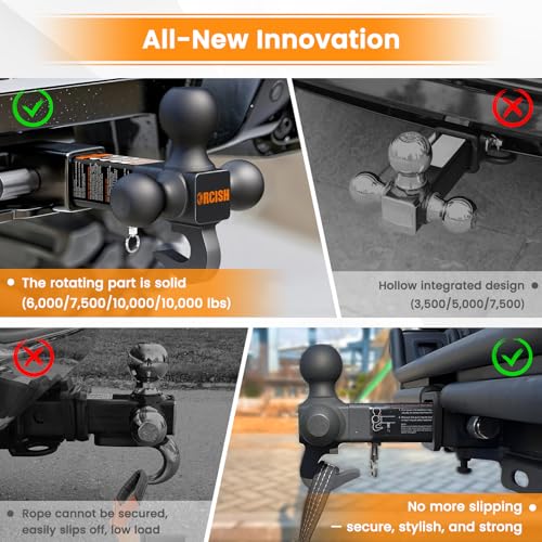 Image of ORCISH 360 Swivel Trailer Hitch, Tri-Ball Mount with Heavy Duty Hook & Anti-Theft Lock, Matte Black Plated Trailer Ball Size 1-7 /8 inch, 2 inch and 2-5 /16 inch, Fit 2 Inch Hitch Receiver, Rotating Tow Hitch