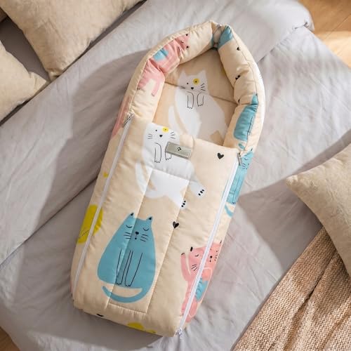 Image of StarAndDaisy 3 in 1 Baby Sleeping Bag for New Born, Baby Bedding Set, Washable & Foldable Cotton Design Godari, Toddlers Bed, Baby Bedding, Baby Mattress, Cradle Bed (Cat Print)