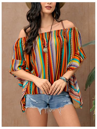 Verdusa Women's Off Shoulder Shirred Half Sleeve Loose Striped Blouse Shirt Top4