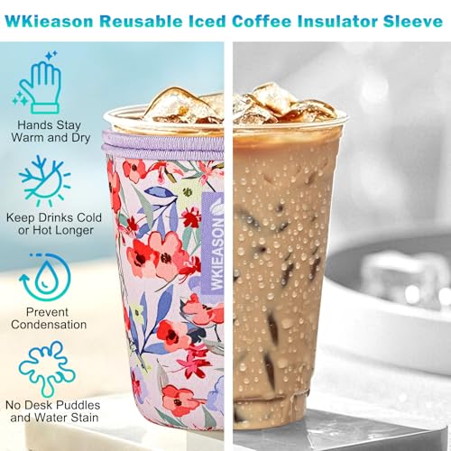 Image of Reusable Iced Coffee Cup Insulator Sleeve for Cold Beverages and Neoprene Cold Coffee Cup Sleeves Cooler Cover 16-32OZ for Coffee Cups, McDonalds, Dunkin Donuts, More (Flower Red)