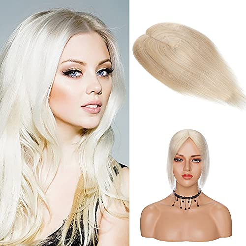 SEGO 120% Density Silk Base Top Hair Pieces Topper 100% Remy Human Hair Clip in on Hair Toppers for Women with Hair Loss Thinning Hair Cover Gray Hair 10inch #60 Platinum Blonde