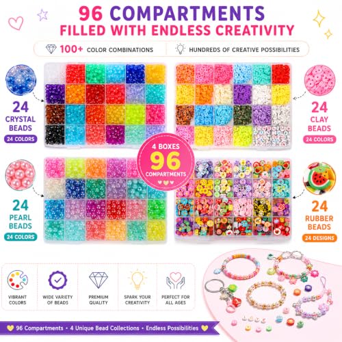 Image of Ambitieux Bracelet Making Kit for Kids & Girls | 4-in-1 Beads Craft Kit with Acrylic, Clay, Letter Beads, Charms & Accessories | DIY Jewellery Making Set for Girls Age 4-12 | Creative birthday Gift Kit (Beginner Craft kit)
