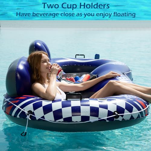 Image of Jasonwell Inflatable River Tube Float - 2 Person Heavy Duty River Float Pool Floats with Removable Cooler Lake Water Tubes for Floating River Raft Lounge Floatie with 2 Cup Holders for Adults (D-Blue)
