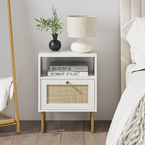 Image of Masupu Extra Large Rattan Nightstand,Boho Night Stand Modern Farmhouse Wood Bedside Table with Storage Drawer and Open Shelf,Side End Table for Bedroom,Living Room,Office White