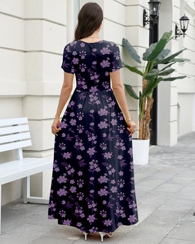 Image of COSSEN Women's Crew Neck Short Sleeve Maxi Dress with Pockets Casual Loose Swing for Wedding Guest Beach Vacation