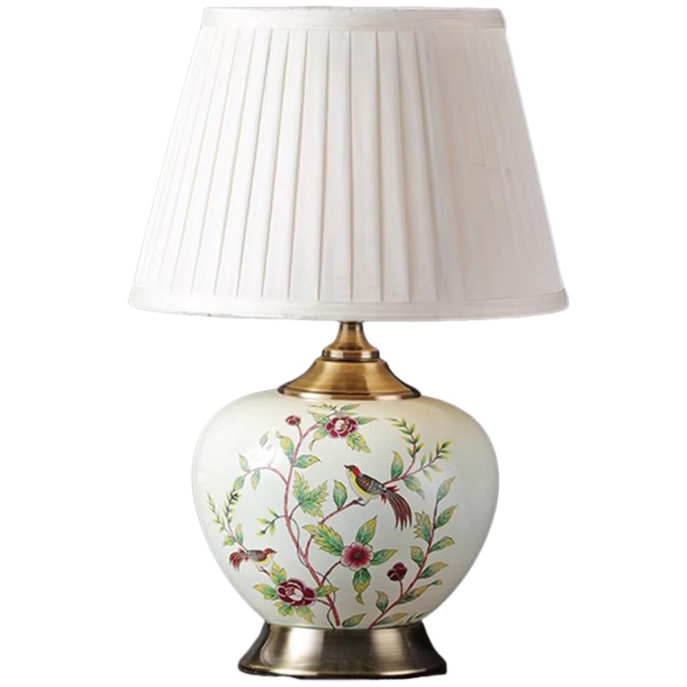 SANBDDLYY Hand-Painted 18" Ceramic Table Lamp - Chinese Design Desk Fabric Shade for Bedroom, Living Room, Office, and College