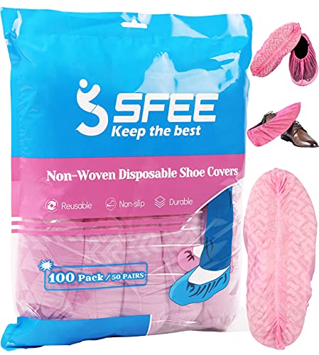 Sfee 100 Pack Shoe Covers-Disposable Shoe Covers For Indoors, Non Slip, Durable, Recyclable Non Woven Booties Shoes Cover For Workplace, Office, Home Floor Carpet Protection, One Size Fits All (Pink) #TOP19