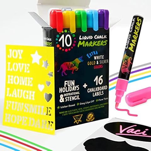 Vaci Neon Liquid Chalk Markers - Erasable Chalk Pens for Chalkboard, Car Window, Glass, Mirror, Blackboard with Reversible Fine Tip - 10 Pack Cover