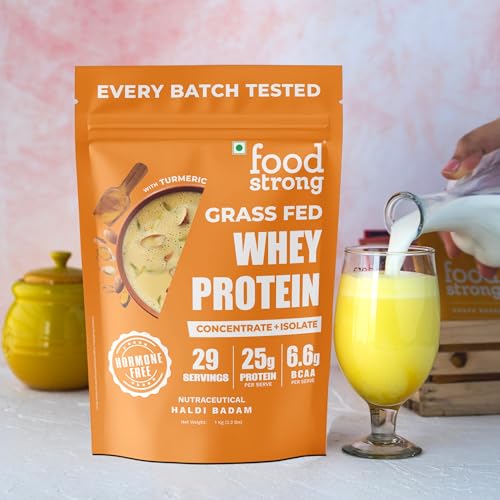 Image of Foodstrong Whey Protein Powder (Concentrate + Isolate), 100% Hormone Free Grass-Fed Whey, 25G Protein & 6.6G BCAA, Haldi Badam, With Turmeric & Digestive Enzymes, 1KG