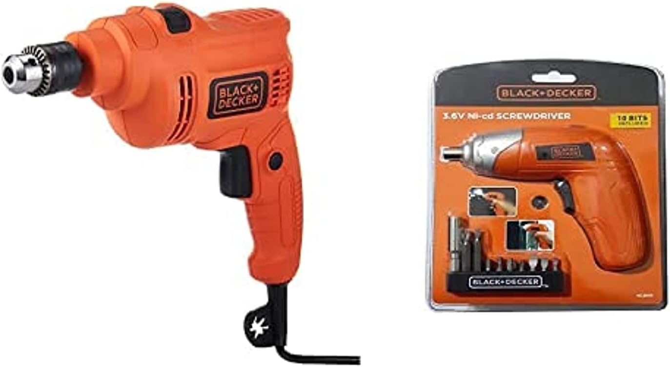 Black & Decker 550W 10mm Corded Electric Hammer Percussion Drill + 3.6V Li-Ion Cordless Power Screwdriver Kit with 10 Pieces Screwdriver Bitset, Orange/Black - KC3610-B5, 2 Years Warranty