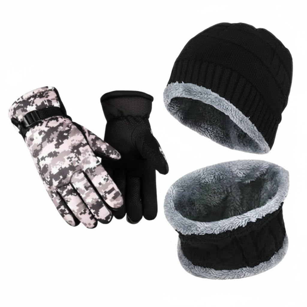 Winter Combo Set for Men & Women | Warm Beanie Cap, Neck Warmer & Thermal Gloves | Soft Fleece Lining for Cold Weather, Riding, Cycling & Outdoor Use – Black & Grey