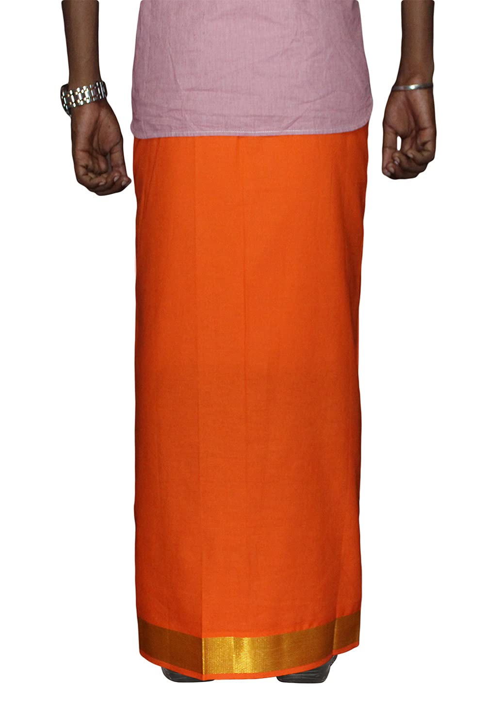 Prakasam Cotton Men's Orange Colour 2 Inch Gold Jari Border Welcro Pocket Dhoti/Size Hip -34 Inches- Length- 42 Inches