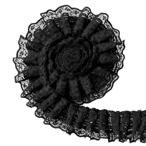 Yuomeaz 5 Yards Double Layer Ruffle Trim 1.97 in Width Black Lace Ribbon Vintage Lace Fabric Embroidered for Sewing Clothes Dresses Craft Bag Gift Package Wedding Decoration