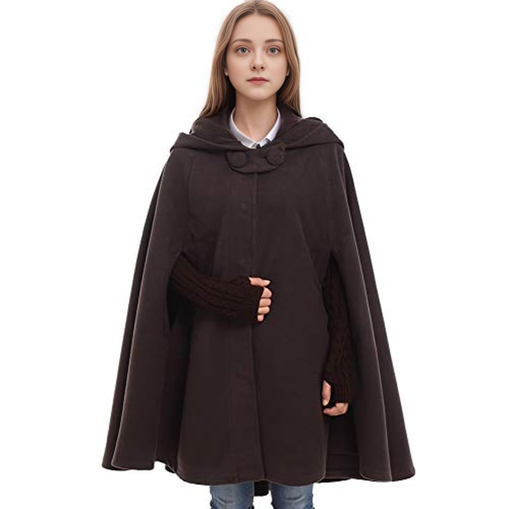 GRACEART Medieval Cosplay Robe Cloak Wool Blend Hooded Poncho Cape (Coffee)