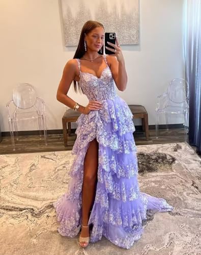 Wchecalino Sparkly Tiered Lace Tulle Prom Dresses Long 2025 Spaghetti Straps Formal Corset Evening Gown with Slit - Image 4